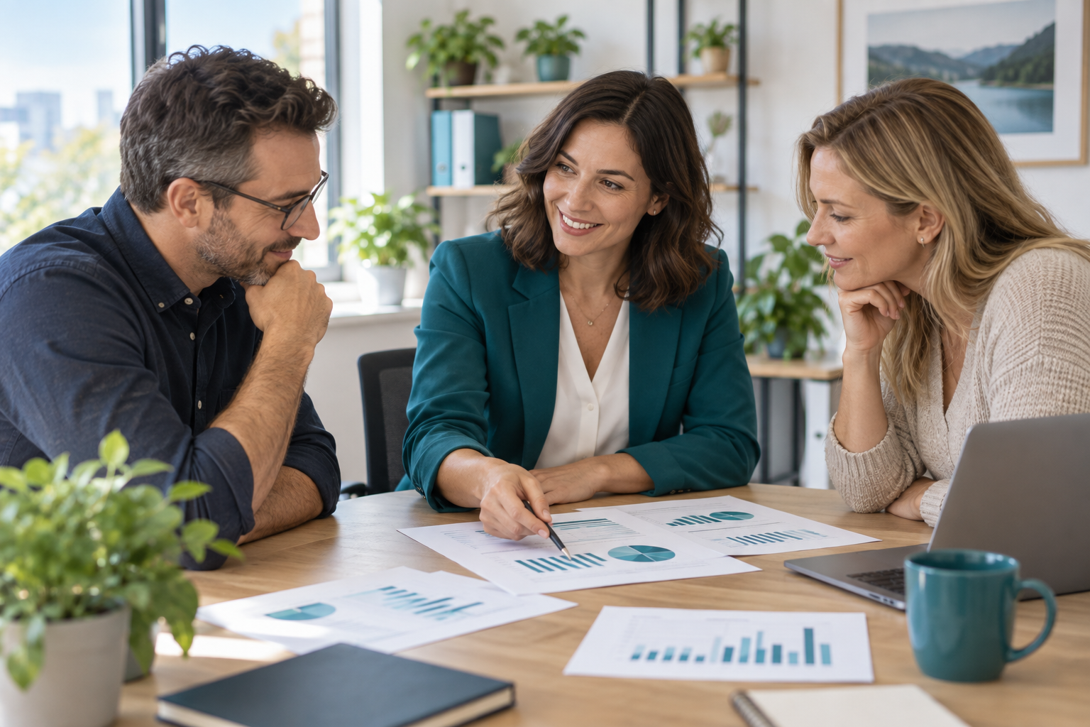 Une conseillère accompagne une équipe de PME dans ses décisions salariales.